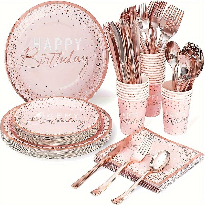 Birthday Party Plates and Napkins Set 175pcs Pink Rose Gold Disposable Tableware Forks Knives for Entryways, Bedrooms and Living Spaces