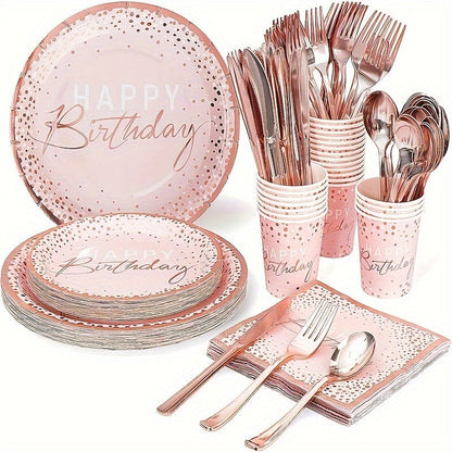 Birthday Party Plates and Napkins Set 175pcs Pink Rose Gold Disposable Tableware Forks Knives for Entryways, Bedrooms and Living Spaces