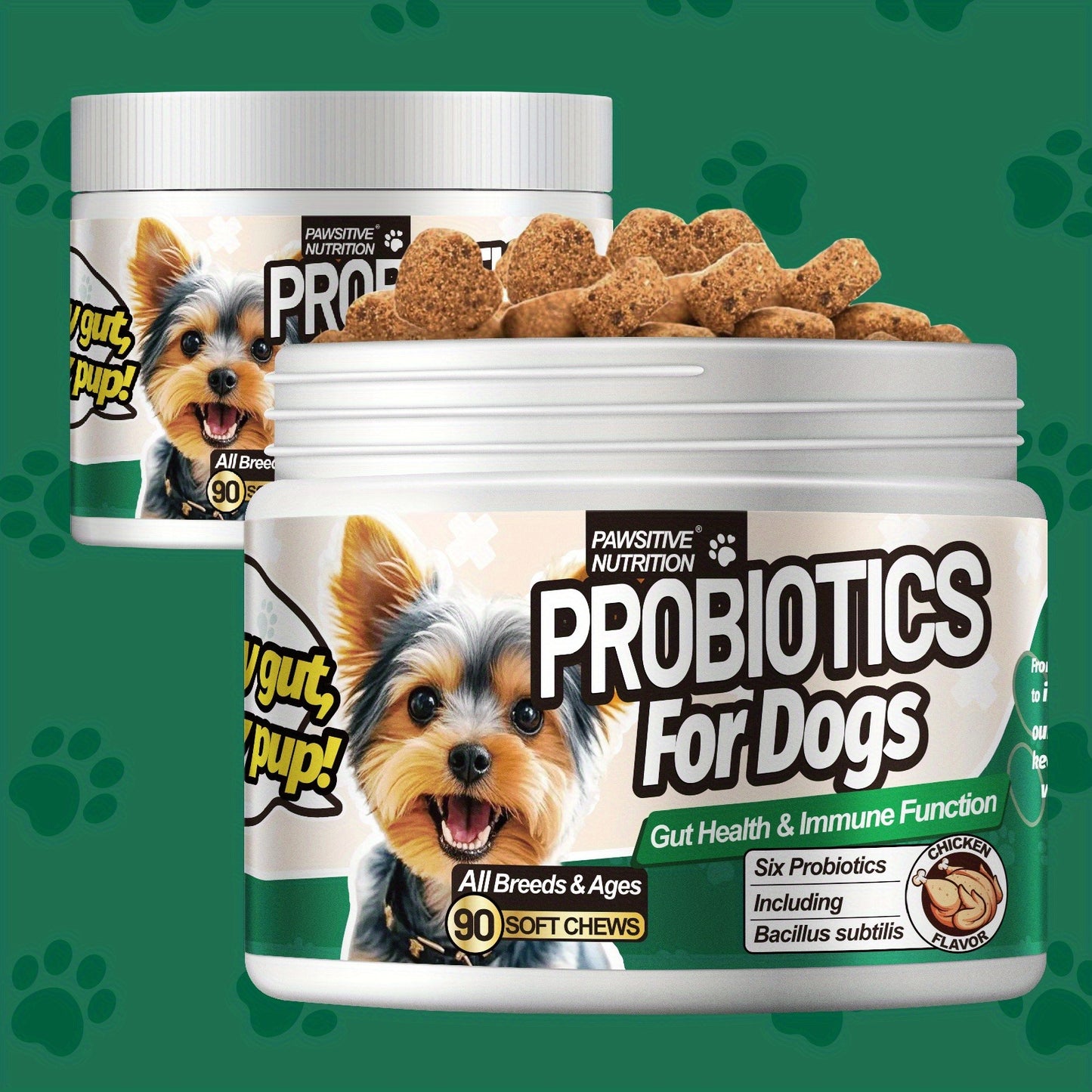 Dog Probiotic Chews for Digestive Health – Chicken Flavor Soft Chews with Probiotics for All Breeds, Supports Gut Health