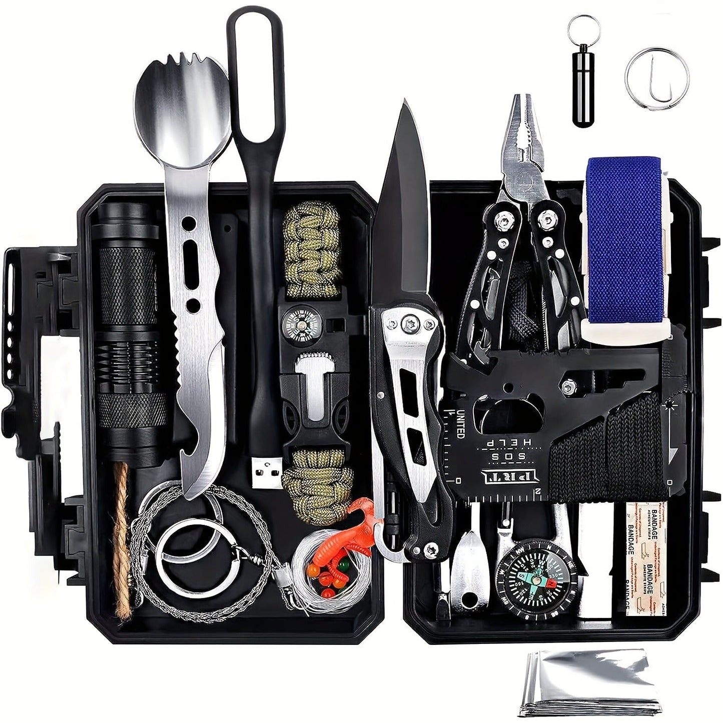 Wilderness Survival Kit, 12/20/60 Piece Outdoor Emergency Gear Set with Paracord Bracelet, Survival Whistle, Flashlight, Wire Saw & More