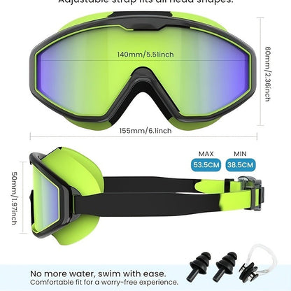 Three-Pair Swimming Goggles Set with 6.1-Inch Frames, Adjustable Straps, Earplugs and Nose Clips in Models A, B or C