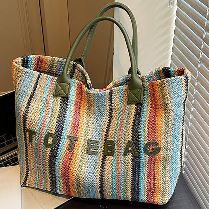 Straw Tote Bag for Women Large Capacity Bohemian Hand-Woven Striped Beach Bag Summer Vacation Shoulder Bag Colorful Letter Pattern