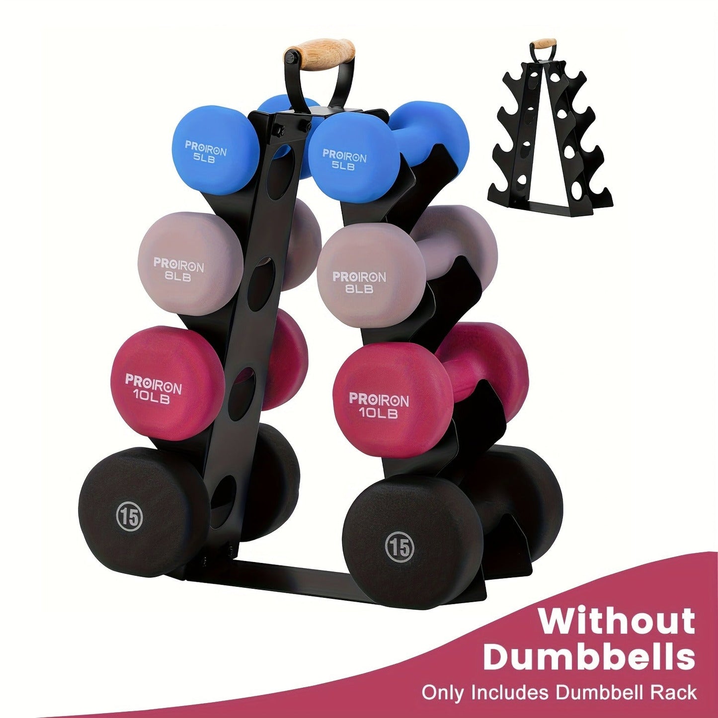 Weight Rack Stand 4-Tier A-Frame with Wooden Handle – Space-Saving Dumbbell Storage for Home Gym, Holds 5–15LB Hex & Rubber Dumbbells