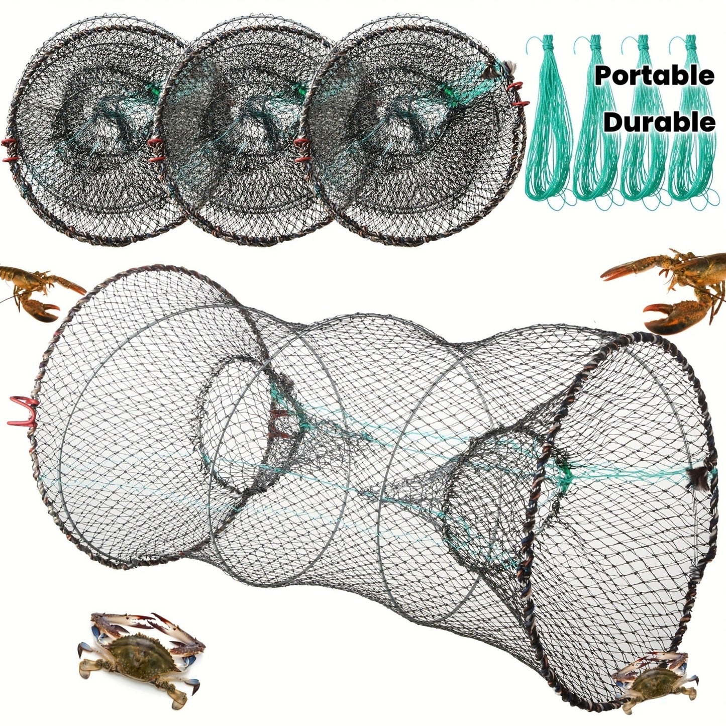 Collapsible Fishing Trap Net 4 Pack – Crab Crawfish Minnow Lobster Shrimp Bait Cage with 49ft Rope, 12x24 Inch Foldable Fish Trap