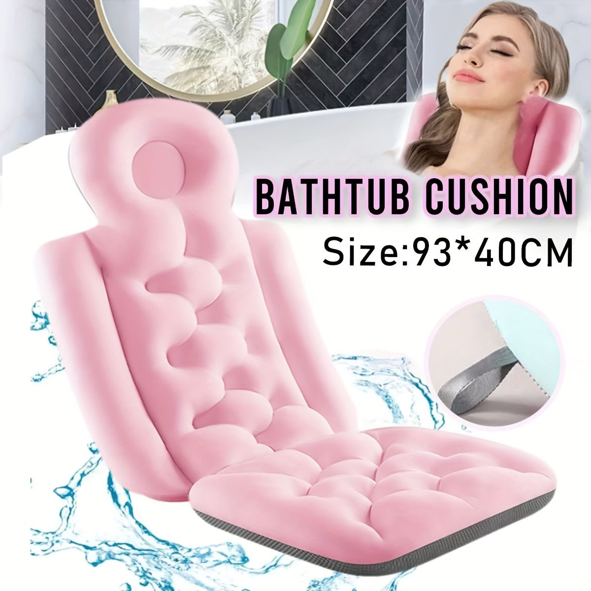 Pink Full-Body Bathtub Cushion in 93 × 40 cm Size with Contoured Headrest and Hanging Loop