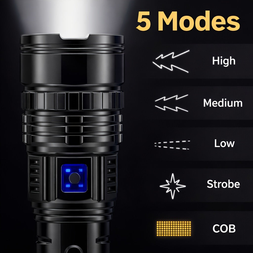 Flashlight Rechargeable Zoom Torch with Five Gallery-Shown Modes, 30W LED and USB Power Output