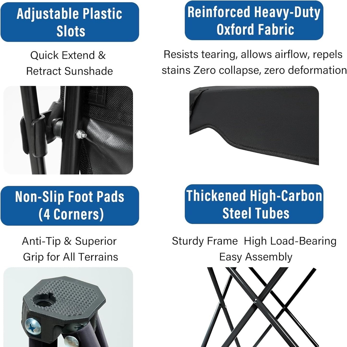 Folding Camping Chair with Optional Sunshade Canopy, Cup Holders, Carry Bag and Black, Red or Blue Configurations