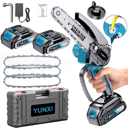 Handheld Electric Chainsaw, Mini Cordless Portable Tree Cutter with Splash Guard, Security Lock, Rechargeable Battery Options