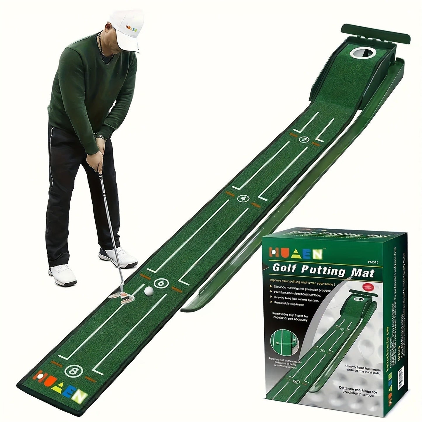 Indoor Golf Putting Mat with Gravity Ball Return, Alignment Guides, Folding Base and Post-Hole Collector