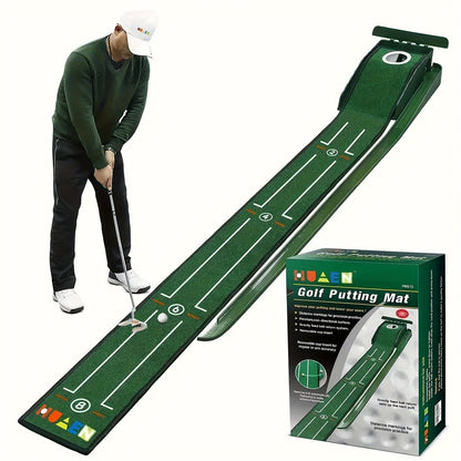 Indoor Golf Putting Mat with Gravity Ball Return, Alignment Guides, Folding Base and Post-Hole Collector
