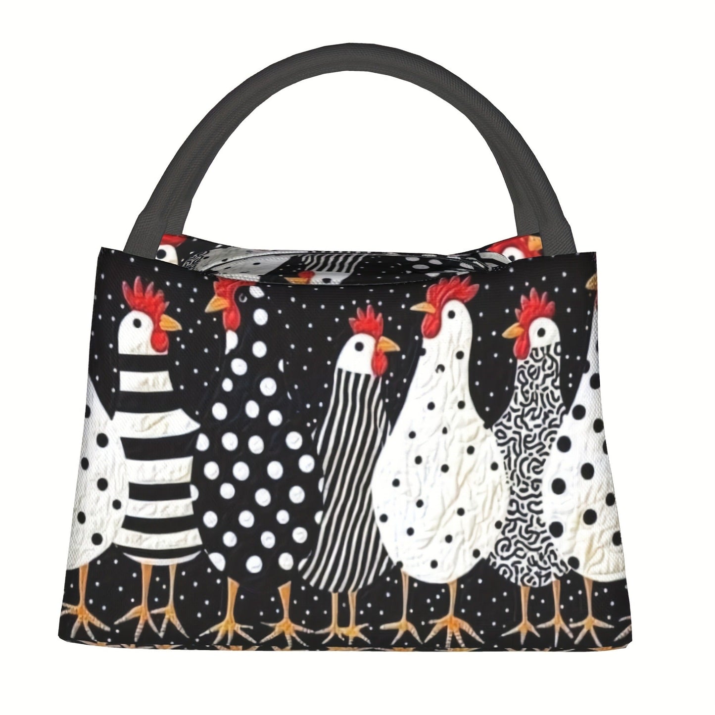 Chicken Print Lunch Bag Tote, 11 x 6.3 x 6.7 Inches with Top Zipper and Dual Carry Handles
