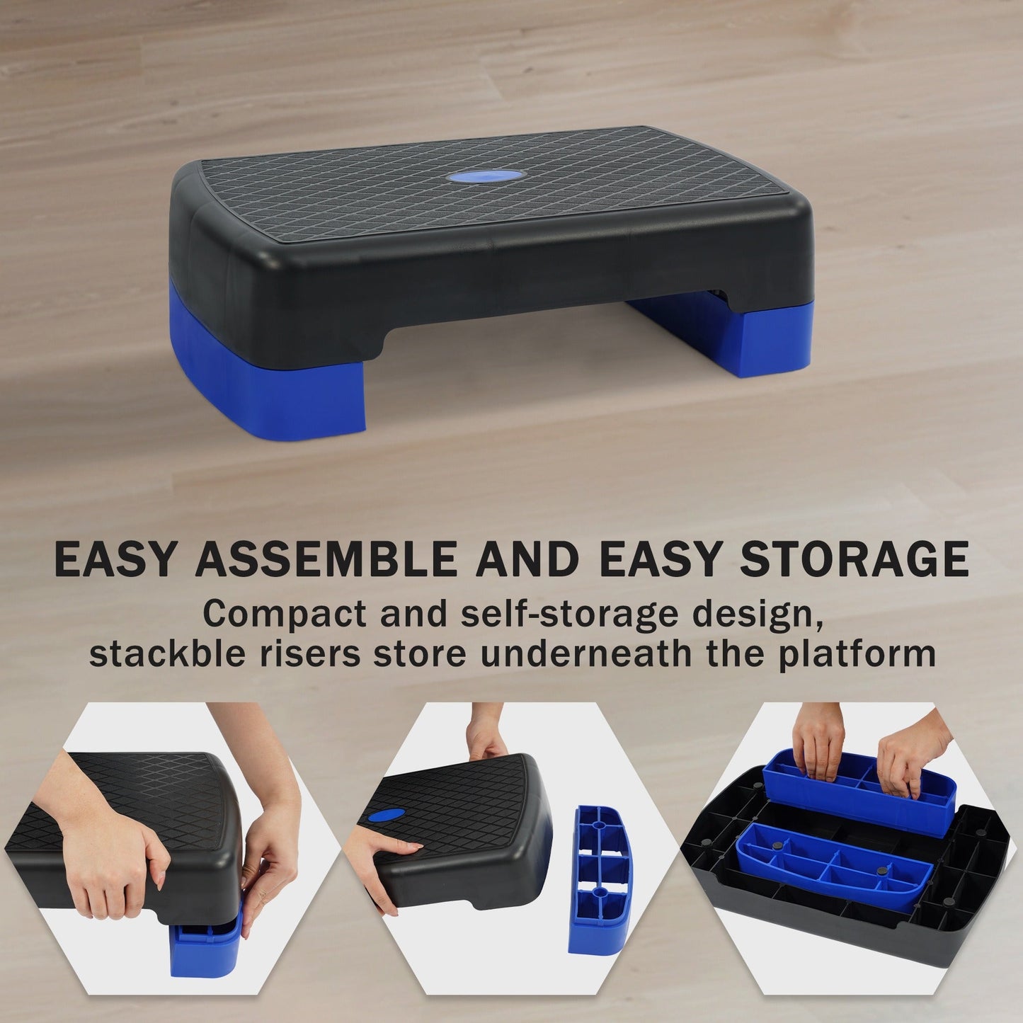 Aerobic Step Platform Adjustable Height with 2 Risers – Non-Slip Workout Stepper 18"x11", 440 LB Capacity
