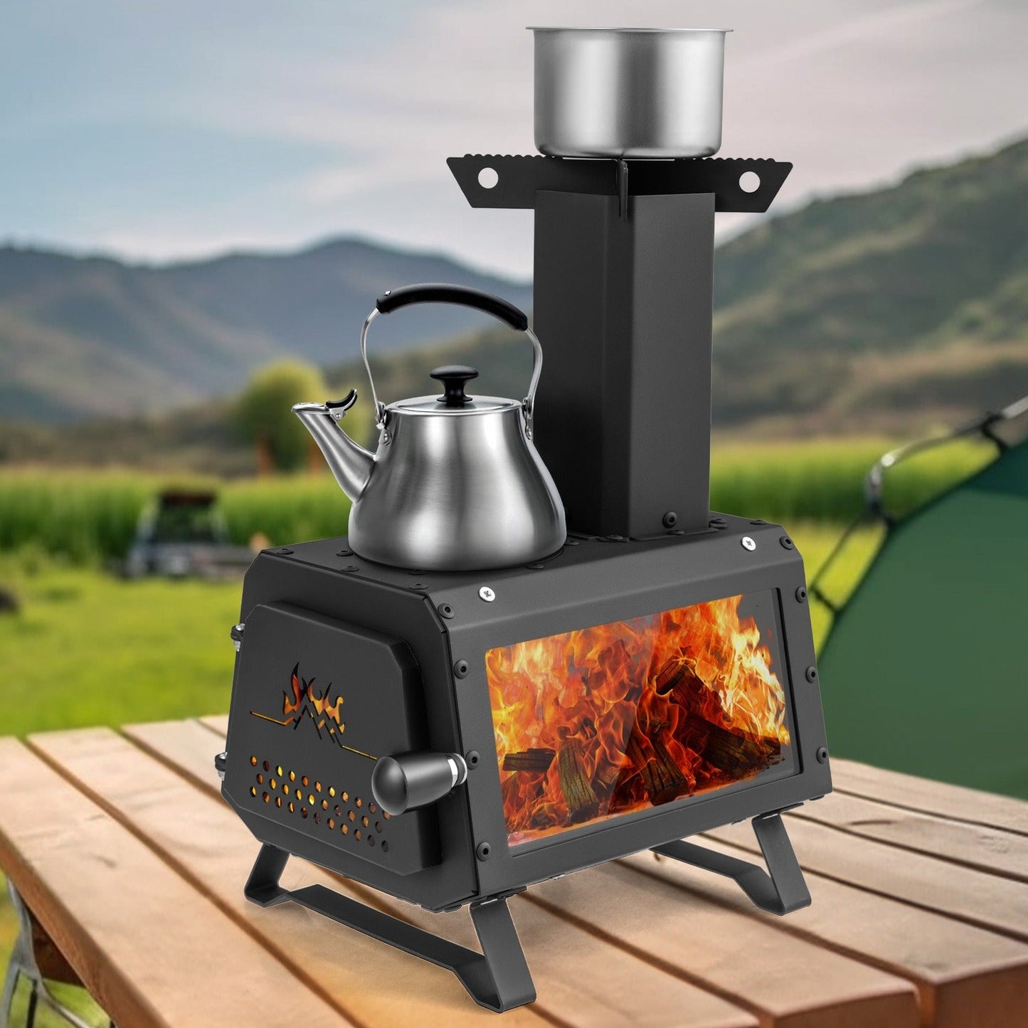 Camp Stove Wood Burning 2-in-1 Outdoor Cookstove & Heater, Carbon Steel, Glass-Ceramic Window, Dual Cooking Positions