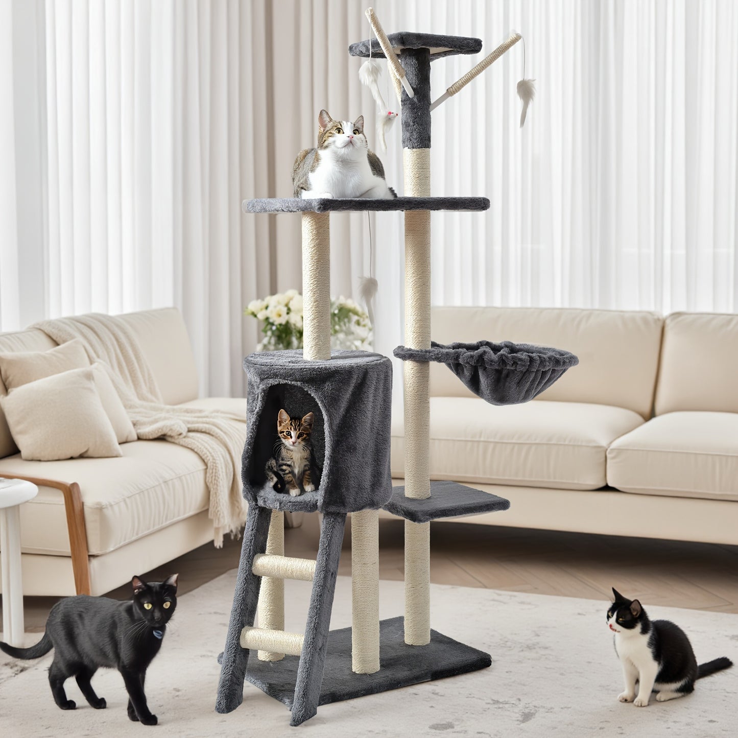 Cat Tree for Large Cats, Tower Multi-Level with Cat Bed, Condo & Sisal Scratching Post – 3 or 4 Tier Indoor Cat Tree for Large Cats