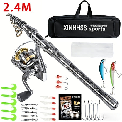 Telescopic Fishing Rod & Reel Combo – Carbon Fiber Collapsible Fishing Pole Full Kit with Carrier Bag for Travel Saltwater Freshwater