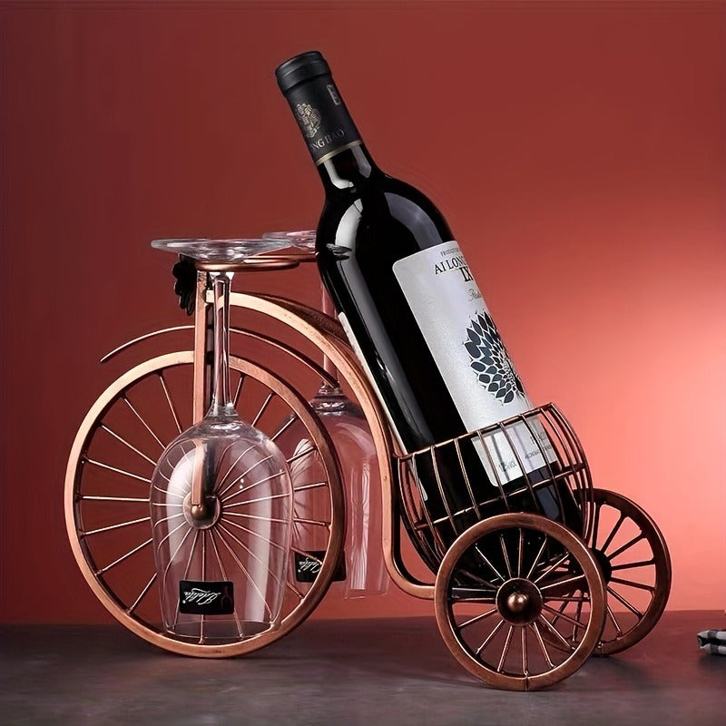 Bicycle-Shaped Tabletop Wine Rack with One Bottle Cradle and Two Stemware Holders in Copper-Tone Finish