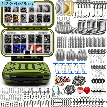 Fishing Tackle Kit 142/206/318 Pcs – Hooks, Jigs, Weights, Swivels, Beads & Connectors for Freshwater & Saltwater Bass Trout Fishing
