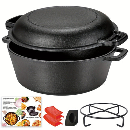 Pre-Seasoned-Labeled Cast Iron Dutch Oven with Reversible Skillet Lid, Trivet, Handle Covers and Scraper