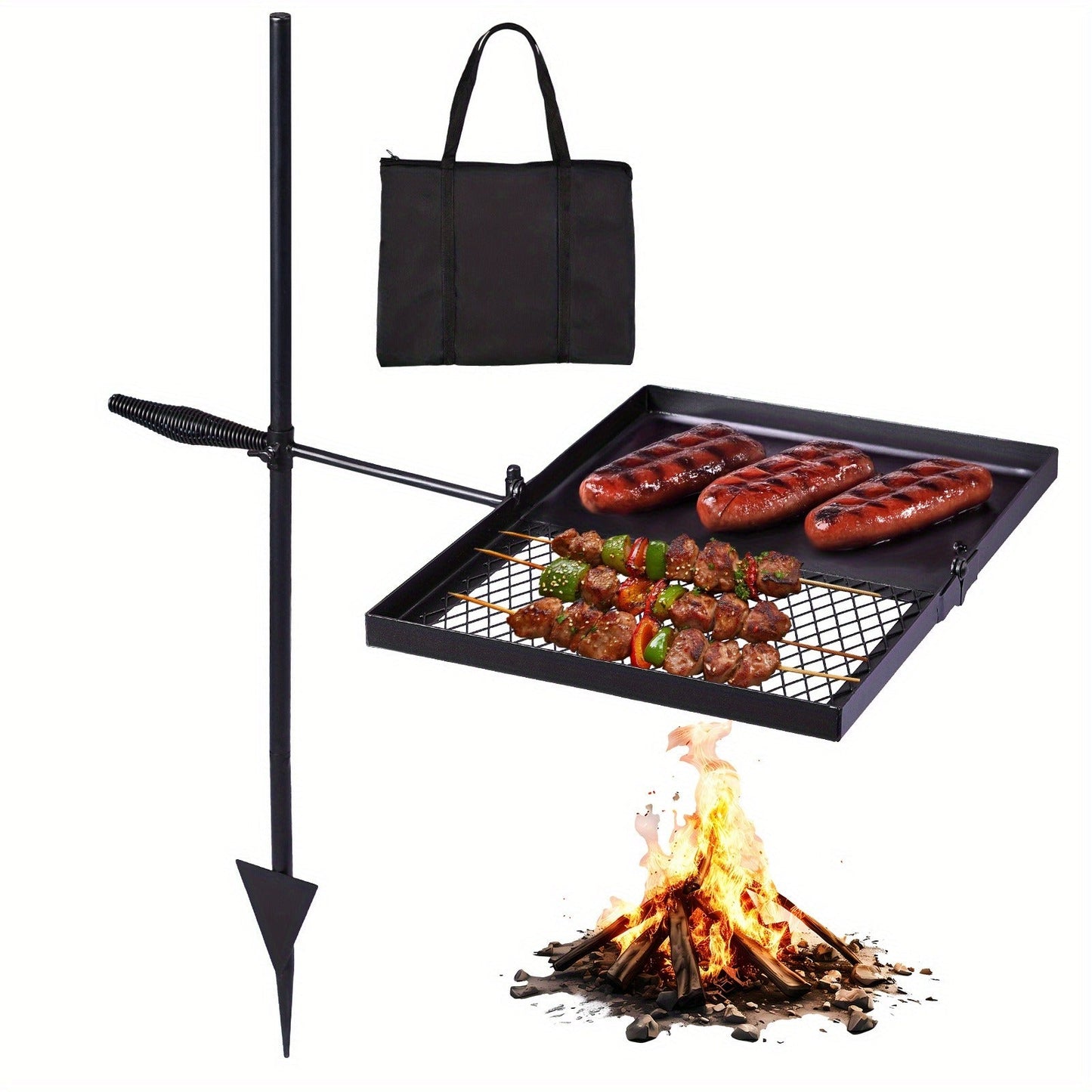 Portable Camping Grill Set – Heavy Duty Skillet Combo with Adjustable Grill Grate, Grill Pan & Carrying Bag – Steel & Iron Construction