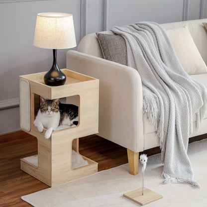 Cat Tree Small Modern 23.6" Wood Cat Tower Furniture with Scratching Pad Removable Soft Mats & Free Cat Toy for Indoor Kittens