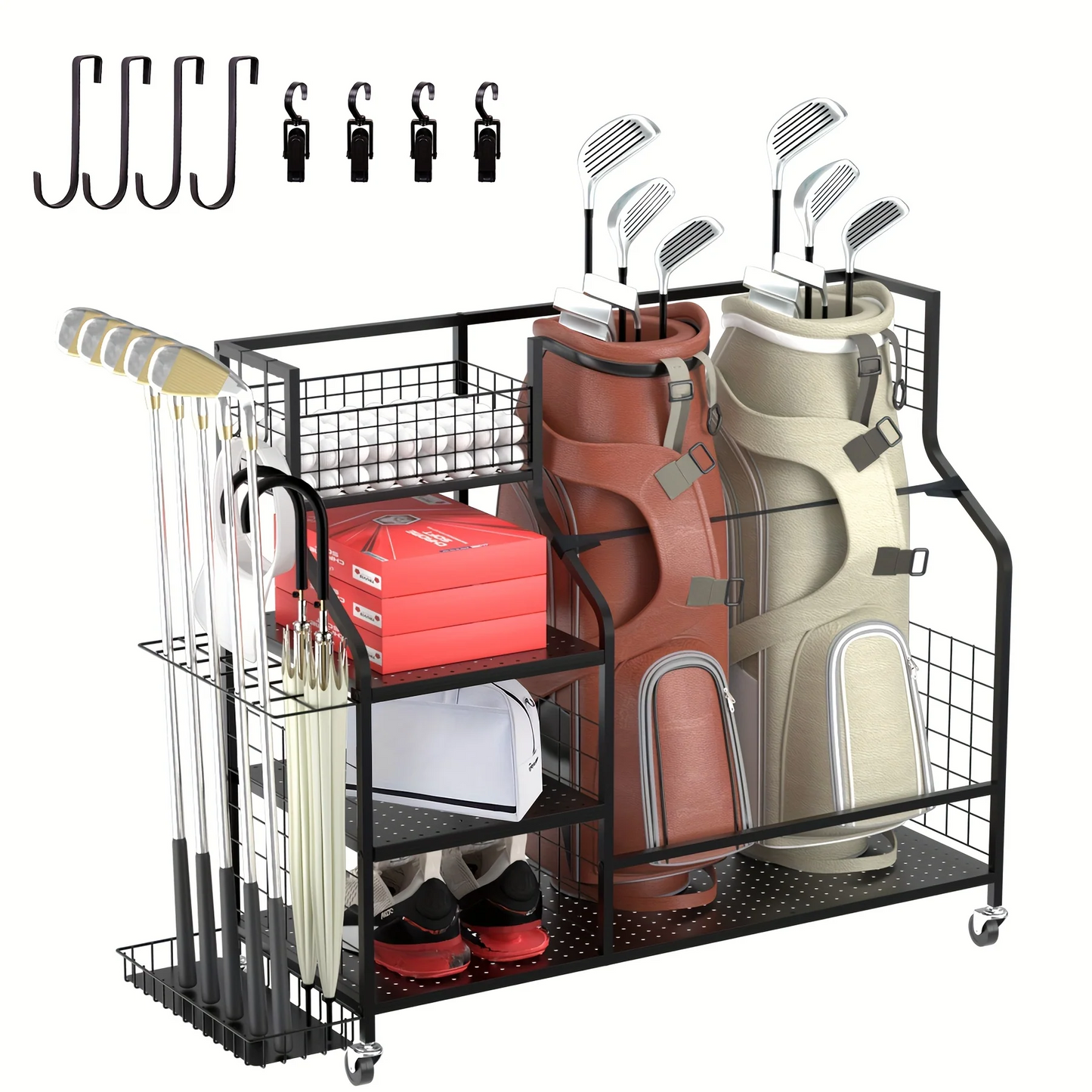 Golf Bag Storage Rack & Organizer for Garage – Extra Large Golf Club Holder Stand for 2 Bags, Heavy Duty Golf Equipment Accessories