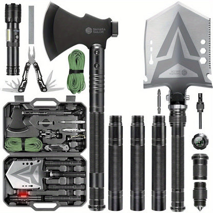 Folding Camping Shovel Axe Kit, Multifunctional Survival Tactical Shovel with Paracord, Dual Color Flashlight & Whetstone