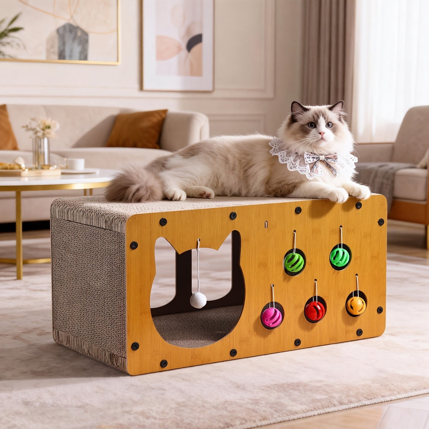 Cat Scratching Board with Interactive Rolling Ball – Multifunctional Cat Furniture for Scratching Playing & Resting