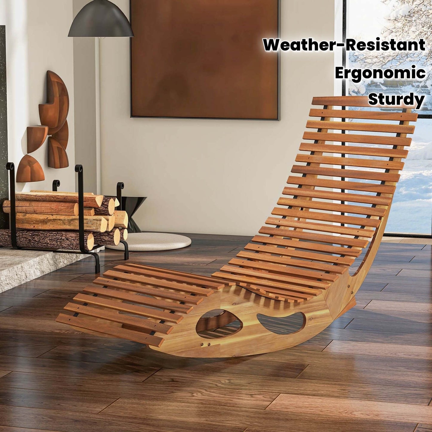 Acacia Wood Rocking Chaise Lounge Outdoor High Back Slatted Seat Stopper Patio Rocker for Deck Poolside Garden