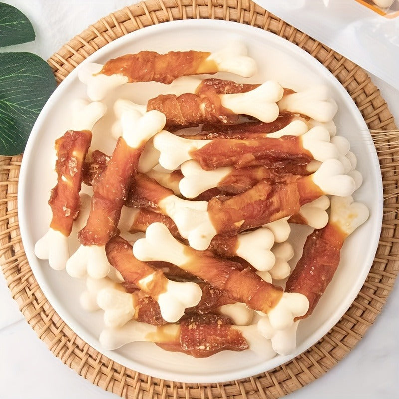 Dog Treats Chicken or Duck Wrapped Bone-Shaped Biscuits in Two-Pack Flavor Options for Reward Use