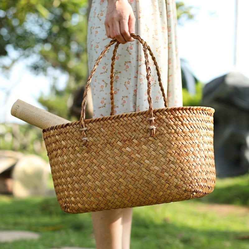 Large Woven Straw Picnic Tote Basket with Long Handles, Open Top Natural-Color Outdoor Carry Design