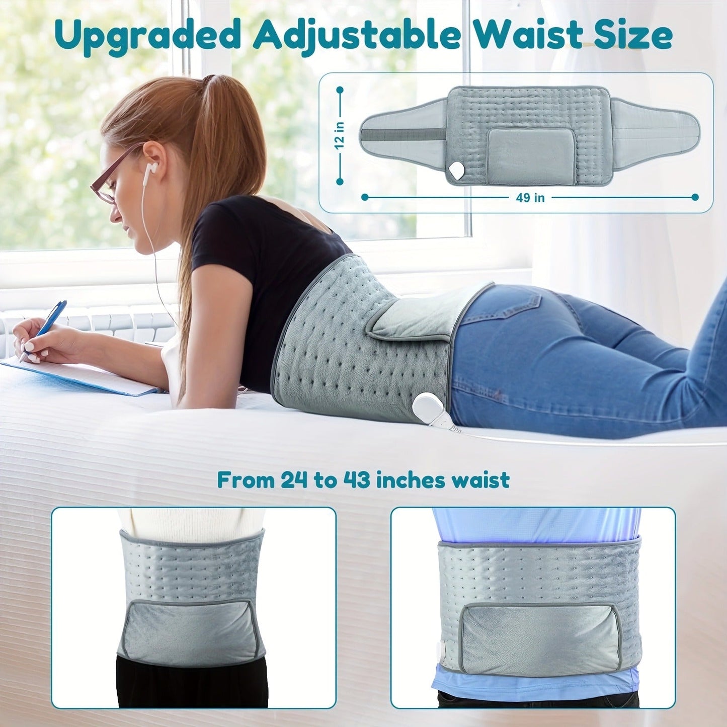 Wraparound Electric Heating Belt with Six Heat Levels, 1–6 Hour Timer and Adjustable Waist Straps in Gray or Purple