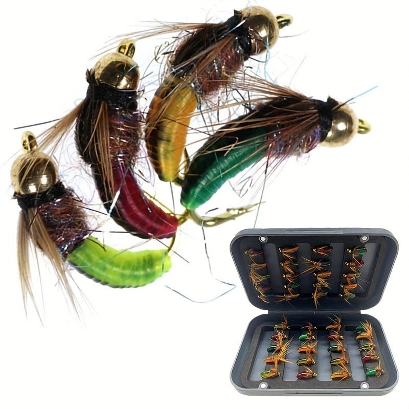 Trout Fly Fishing Flies Kit 24pcs – Brass Bead Head Caddis Nymph Lures Mixed Styles with Tackle Box, High Carbon Steel #10 Hooks for Bass