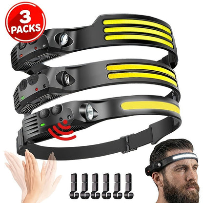 Three-Pack COB and LED Headlamps with 230° Beam, Five Modes, Motion Sensor and Six Hooks Included