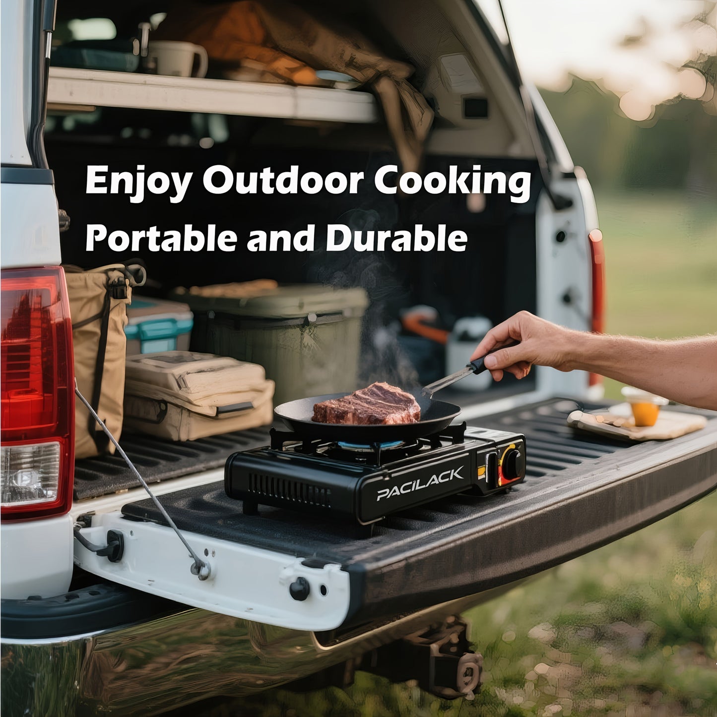 Portable Butane Tabletop Camping Stove in Black or Red with Carrying Case, Windscreen and 34 x 28 cm Base