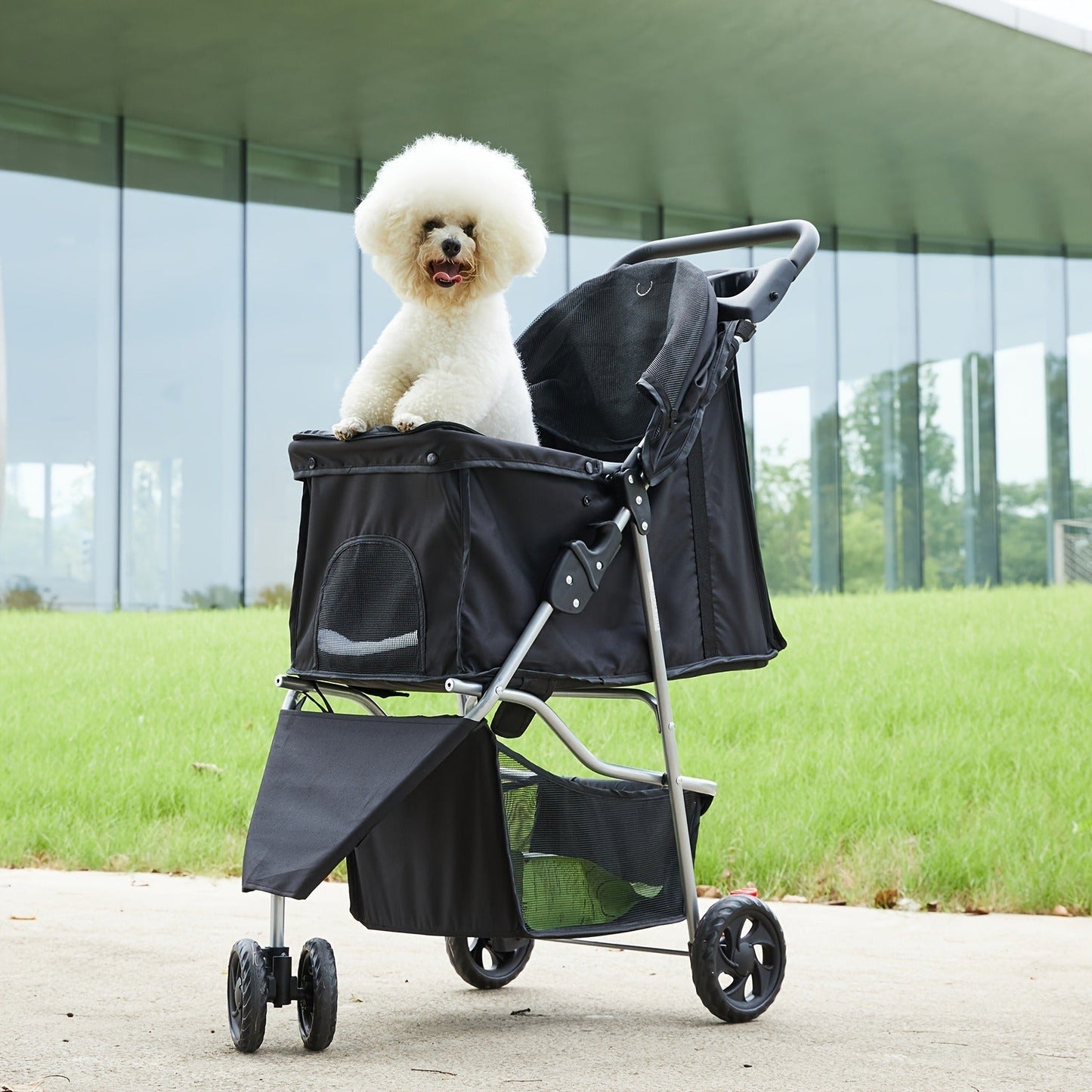 Black Three-Wheel Pet Stroller with Mesh Cabin, Front Cover, Cup Tray and Lower Storage Basket