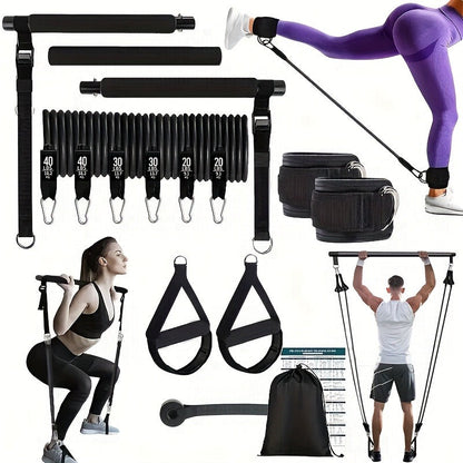 Pilates Bar Kit 14pcs with Resistance Bands & Tension Belt – Multifunctional Fitness Pedal Puller Stick for Home Yoga Stretch Training