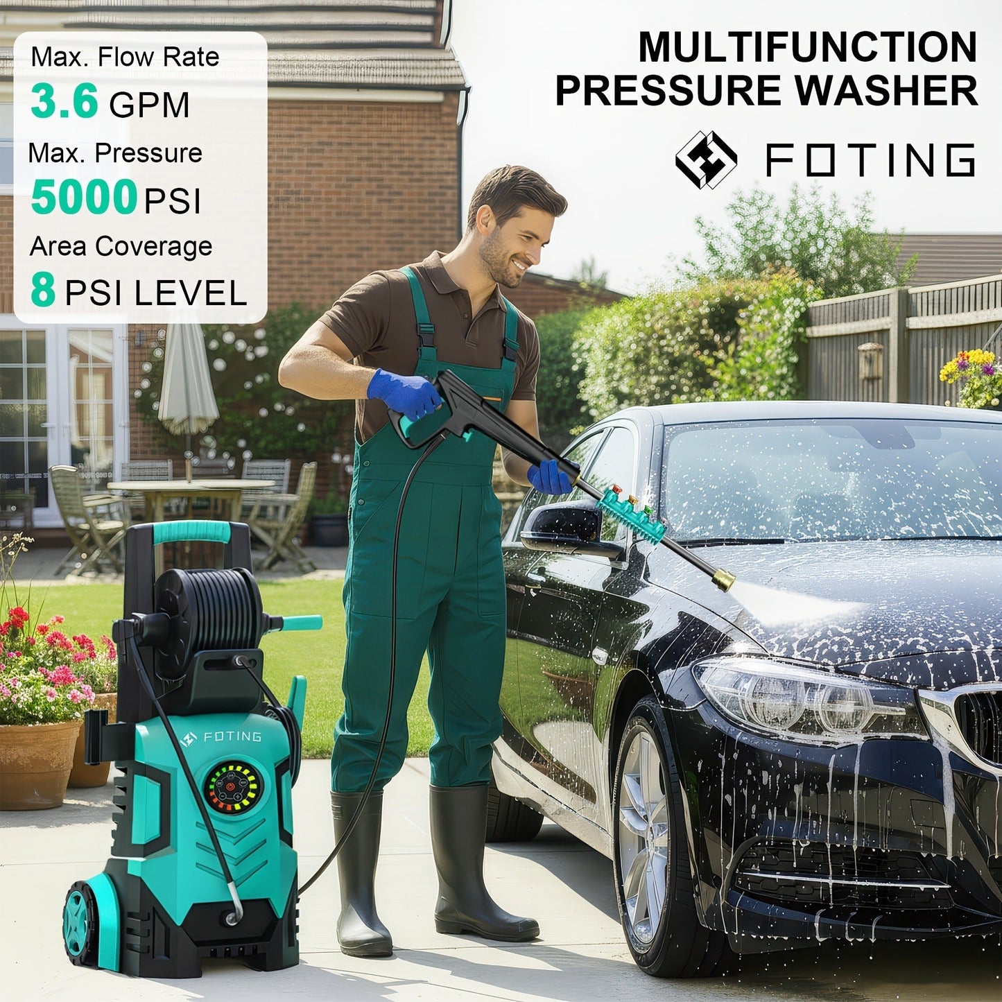 Pressure Washer 5000PSI Electric Power Washer 2.4-3.6GPM Adjustable 8-Level Touch Screen 34" Tall for Garden, Patio and Yard Use
