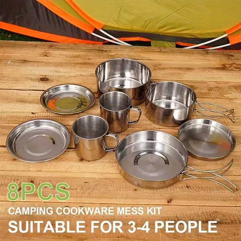 Camping Tableware Set 8 Piece Stainless Steel – Portable Outdoor Dining Set with Foldable Handle Plates, Cups & Utensils | Lightweight