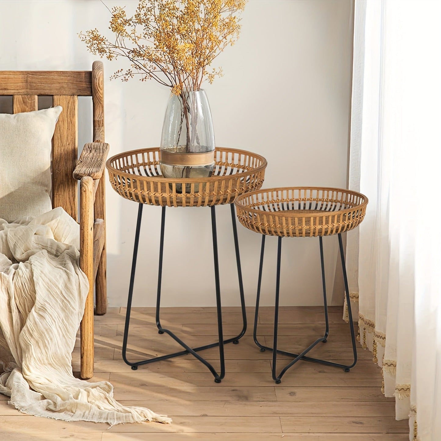 Side Table Rattan Collection with Bamboo-Woven Tops, Metal Bases and 18- or 20.4-Inch Options