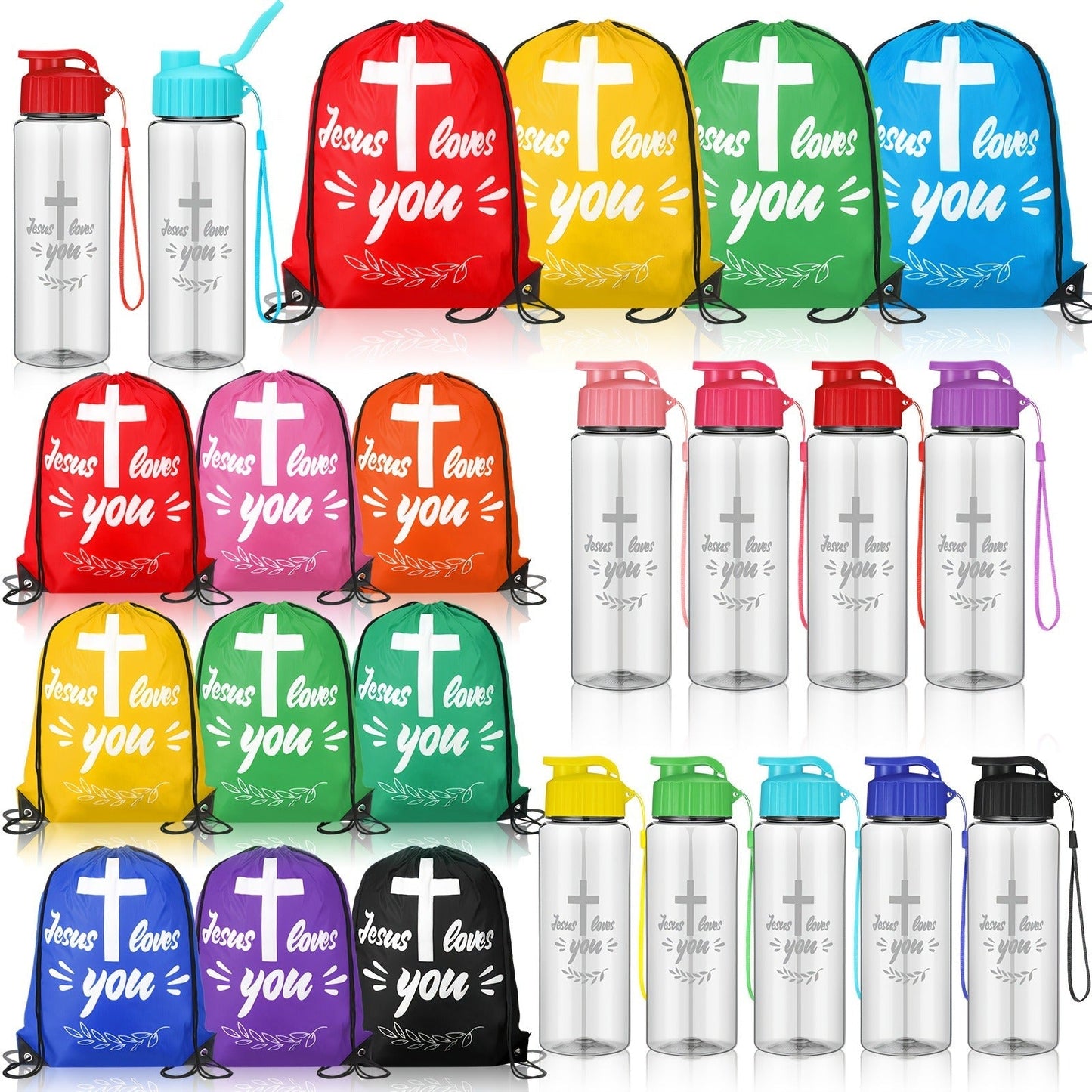 Christian Party Gifts Bulk Set 20pcs – 10 Drawstring Backpacks & 10 Sport Bottles with Bible Verses, God Loves You Church Event Favors