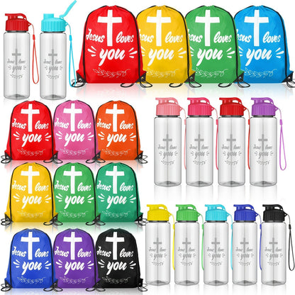 Christian Party Gifts Bulk Set 20pcs – 10 Drawstring Backpacks & 10 Sport Bottles with Bible Verses, God Loves You Church Event Favors