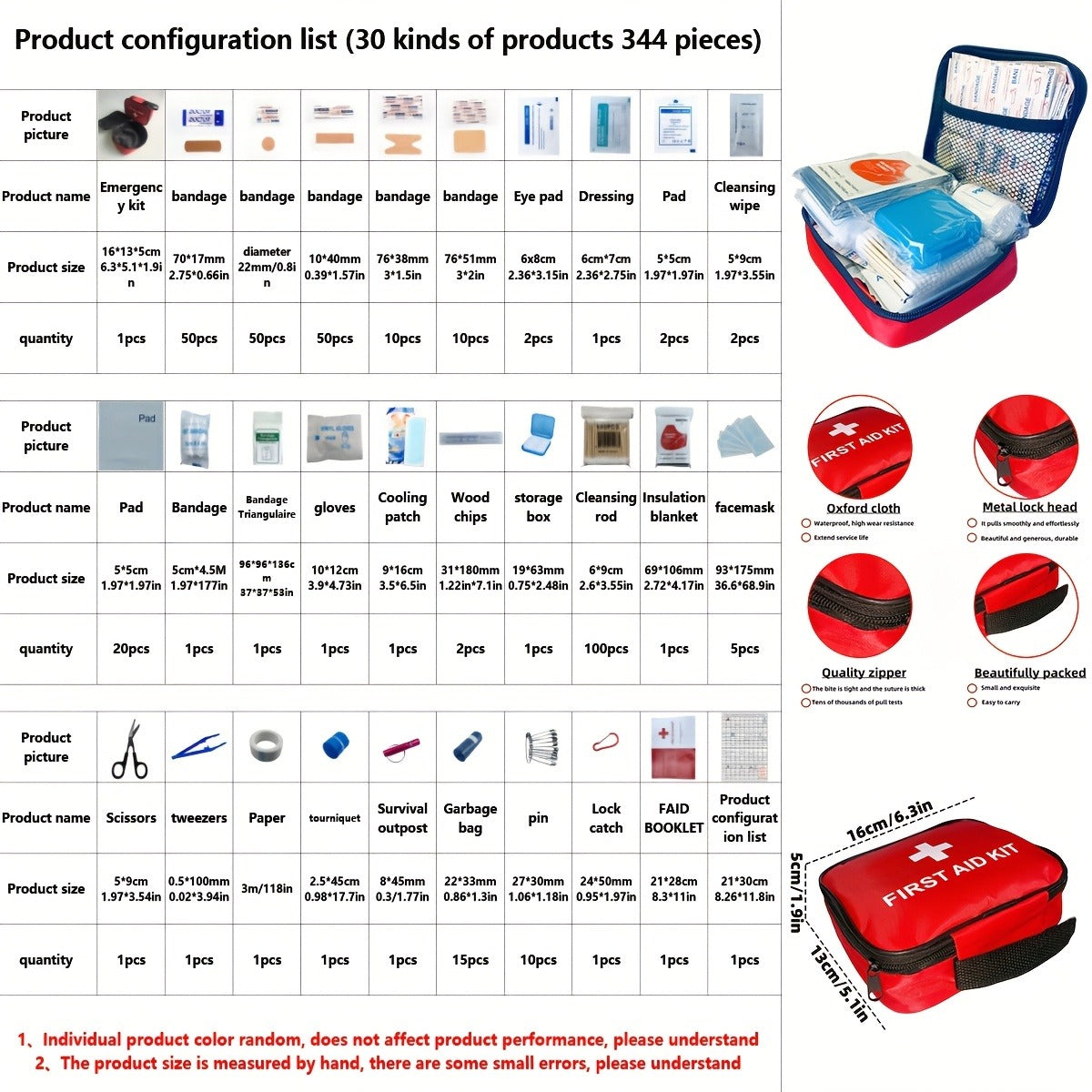 344-Piece First Aid Supply Kit in Compact Red Zipper Case with Listed 30-Category Assortment
