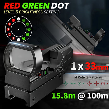 Red Green Dot Sight 33mm with 4 Reticle Modes – Dual Illuminated Rifle Scope, 1x Magnification, 1 MOA Adjustment