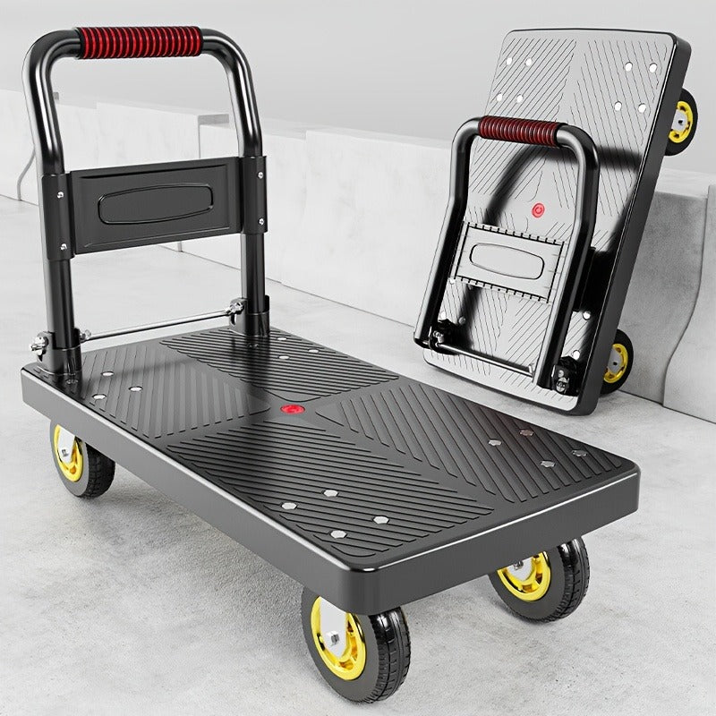 Four-Wheel Platform Dolly Cart with Folding Handle, Two Platform Sizes and 660 or 800 lb Load Labels