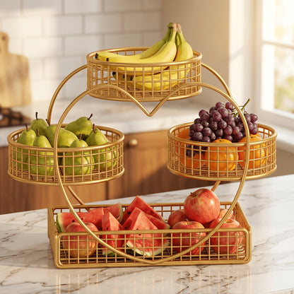 Three-Tier Gold-Tone Wire Fruit Basket with Three Round Bowls and Rectangular Countertop Base
