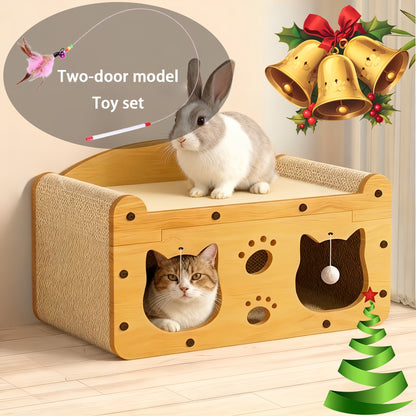 Large Cat House with Scratcher Pad & Plush Ball Toys, Ventilated Multi-Functional Indoor Outdoor Cat Shelter