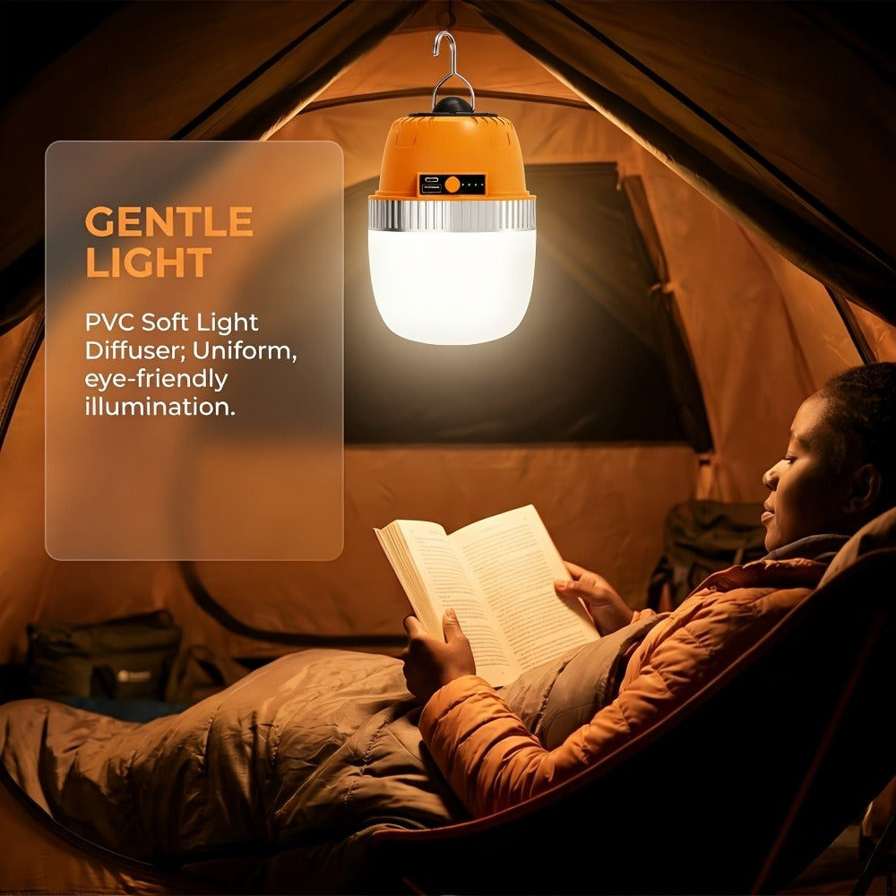 Orange Hanging Camping Lantern with Three Brightness Settings, Type-C Charging Port and Integrated Hook