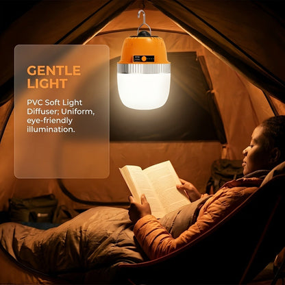 Orange Hanging Camping Lantern with Three Brightness Settings, Type-C Charging Port and Integrated Hook