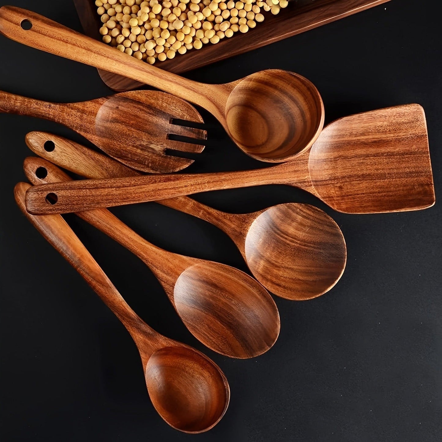 Kitchen Utensils by MARSHJOPRIAN, 3-Piece Teak Wood Spoon Set with Cooking Spoon, Rice Paddle and Polished Handles