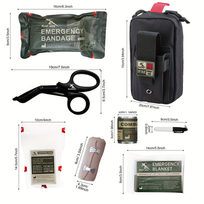 Black EDC IFAK First Aid Kit with Tall Zipper Pouch, Attachment Loops, Shears and Labeled Supply Packets